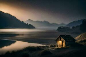 un pequeño cabina se sienta en el apuntalar de un lago a oscuridad. generado por ai foto