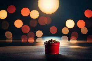 a red bucket with a lit up background. AI-Generated photo