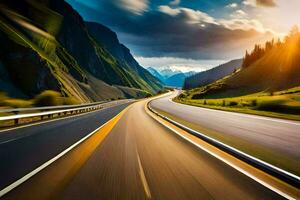 a highway with mountains in the background. AI-Generated photo