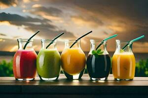 five different types of juices in glass bottles. AI-Generated photo