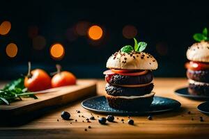 two hamburgers on black plates with tomatoes and herbs. AI-Generated photo