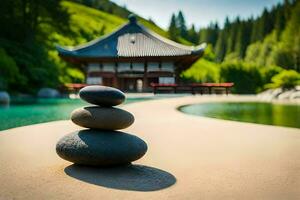 a stack of stones sits in front of a pond. AI-Generated photo