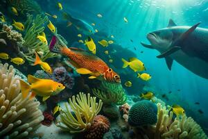 a fish swims in the ocean with coral reefs and fish. AI-Generated photo