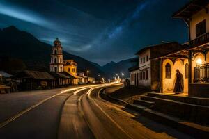 un largo exposición fotografía de un pueblo a noche. generado por ai foto