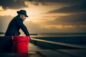 a man in a hat and suit sitting on a red bucket. AI-Generated photo