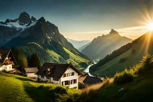 the sun shines over a mountain village in the swiss alps. AI-Generated photo