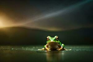 a frog sitting on the ground in front of a dark background. AI-Generated photo