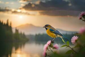 un pájaro es encaramado en un flor en frente de un lago. generado por ai foto