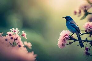 a blue bird is perched on a branch with pink flowers. AI-Generated photo