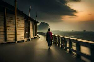 un mujer camina a lo largo un puente a puesta de sol. generado por ai foto