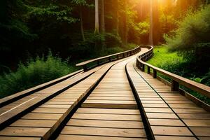 a wooden bridge in the middle of a forest. AI-Generated photo