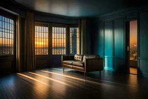 a room with a couch and windows overlooking the city. AI-Generated photo