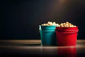 two buckets of peanuts on a table. AI-Generated photo