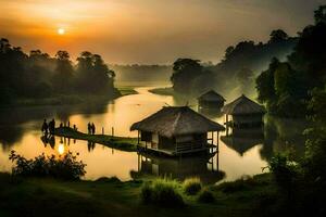 the sun rises over a river and some huts. AI-Generated photo