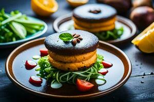 two cakes are sitting on a plate with vegetables. AI-Generated photo