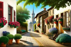 photo wallpaper the sky, flowers, street, house, flowers, the sky, the sky wallpaper. AI-Generated