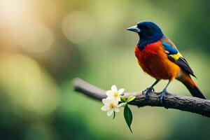 a colorful bird sits on a branch with a flower. AI-Generated photo