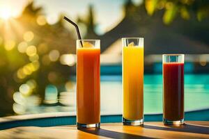 three glasses of orange juice sitting on a table near a pool. AI-Generated photo