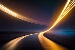 un largo exposición fotografía de un la carretera a noche. generado por ai foto