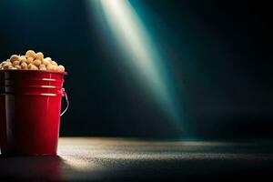 a red bucket filled with popcorn on a dark table. AI-Generated photo