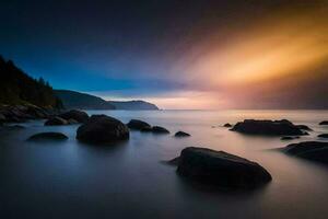 a long exposure photograph of rocks in the ocean. AI-Generated photo