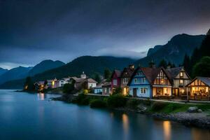 photo wallpaper the sky, mountains, lake, houses, the night, the mountains, the lake. AI-Generated