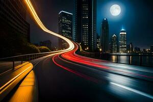 un ciudad a noche con un lleno Luna. generado por ai foto