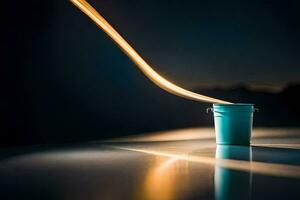 a blue bucket with a long line of light coming out of it. AI-Generated photo