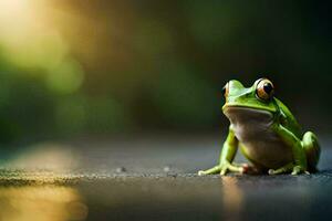 a frog sitting on the ground with a bright light behind it. AI-Generated photo