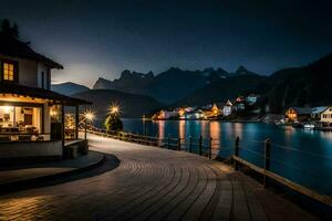 un pasarela Guías a un lago y casas a noche. generado por ai foto