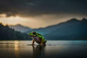 un rana sentado en el borde de un lago a puesta de sol. generado por ai foto