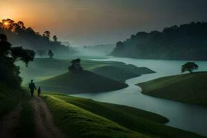 a man and his child walk along a path in the middle of a field. AI-Generated photo