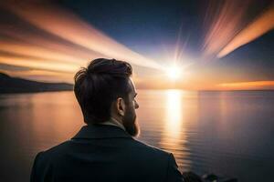 a man in a suit looks out over the ocean at sunset. AI-Generated photo