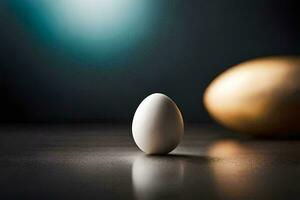 a white egg sitting on a table with a golden egg in the background. AI-Generated photo