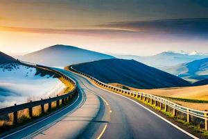 un la carretera devanado mediante el montañas con un puesta de sol. generado por ai foto