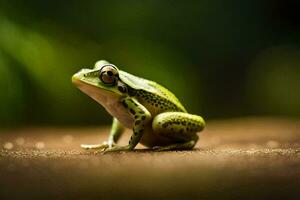 un rana es sentado en el suelo con un verde antecedentes. generado por ai foto