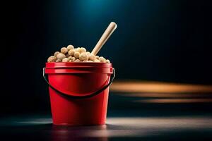 a red bucket filled with popcorn and a wooden spoon. AI-Generated photo