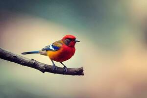 un rojo y azul pájaro sentado en un rama. generado por ai foto