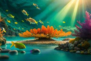 photo wallpaper the sky, coral, fish, sun, sea, coral, underwater, underwater,. AI-Generated