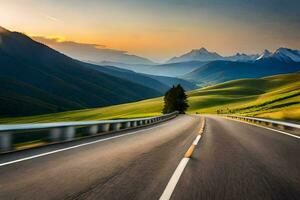 un la carretera en el montañas con un árbol en el primer plano. generado por ai foto