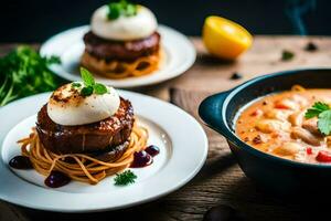 two plates with food on them and a bowl of soup. AI-Generated photo
