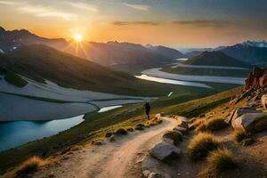 the sun rises over the mountains and a man walks along a path. AI-Generated photo