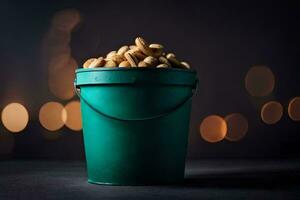 a green bucket filled with peanuts on a dark background. AI-Generated photo