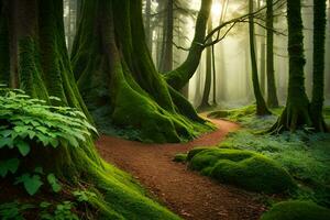 a path through a forest with mossy trees. AI-Generated photo