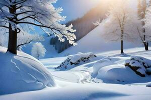 snow covered trees and rocks in the sun. AI-Generated photo