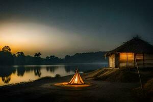 the hut is lit up by the fire and the water is reflecting the light. AI-Generated photo