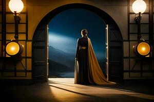 a woman in a cloak stands in front of a door. AI-Generated photo