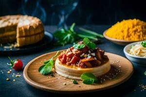 the food is served on a wooden plate with a wooden spoon. AI-Generated photo