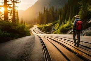 un hombre con un mochila caminando a lo largo un ferrocarril pista. generado por ai foto