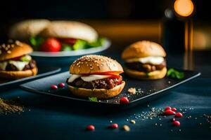 Tres hamburguesas en negro platos con tomate salsa. generado por ai foto